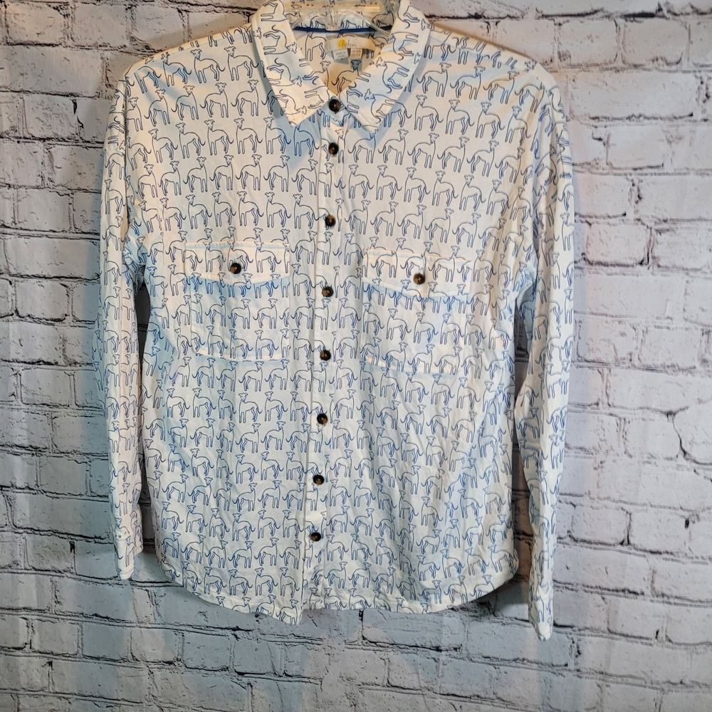 Boden Knit Shirt Grayhound Dog Print Size 12 Long Sleeve Button Up White/Blue - Picture 2 of 6